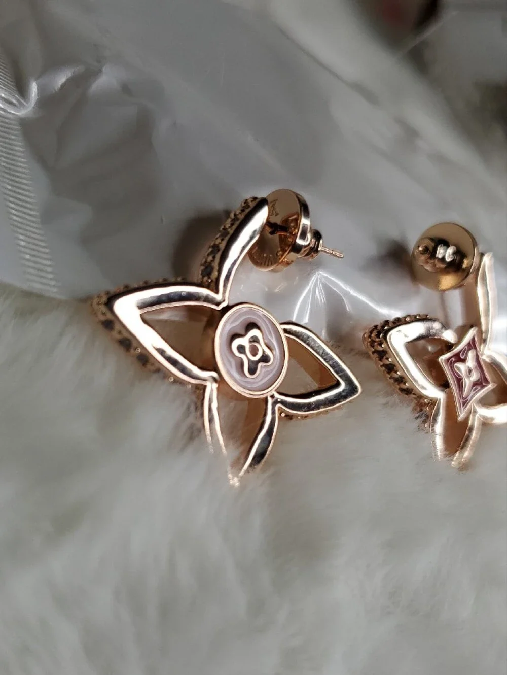 Fashion Jewelry Rose Gold Floral Star Drop Earrings with Pink Accents